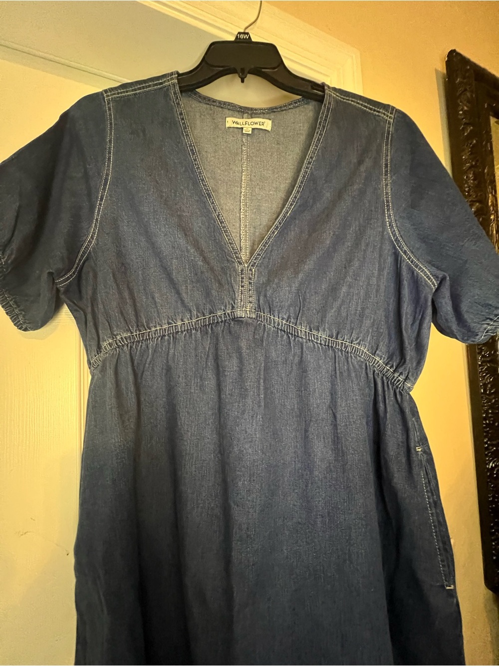 Wallflower Dark Blue V-Neck Denim Dress with Elastic Waist and Side Pockets